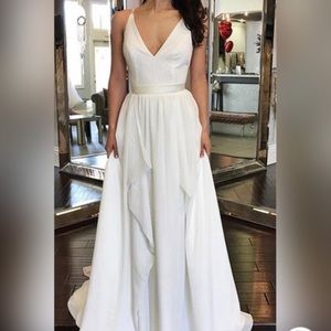White Chiffon prom dress, A-line V-neck open back